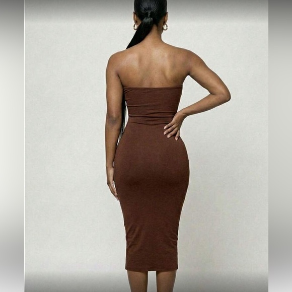 Strapless Bodycon Midi Dress in Mustard - Picture 3 of 15